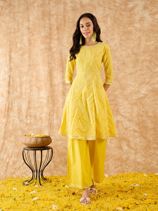 Indo Era Yellow printed Kurta with Trousers