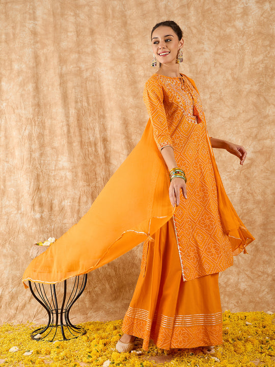 Indo Era Orange Printed Straight Kurta Palazzo With Dupatta Set