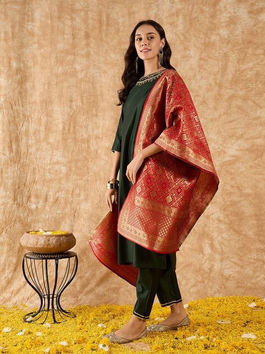 Indo Era Green Embroidered Straight Kurta Palazzo With Dupatta Set