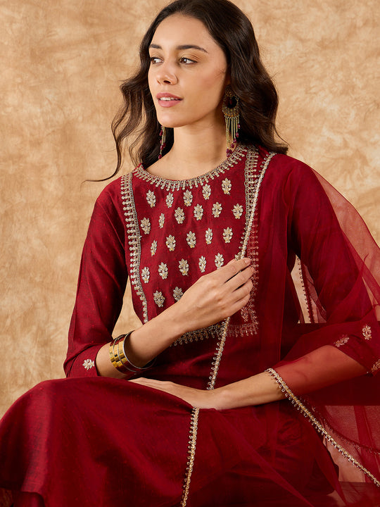 Indo Era Maroon Embroidered Straight Kurta Palazzo With Dupatta Set
