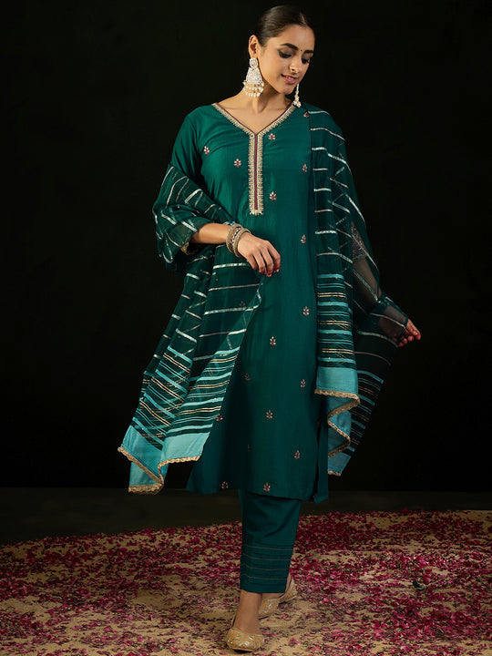 Indo Era Teal Embroidered Straight Kurta Trousers With Dupatta Set