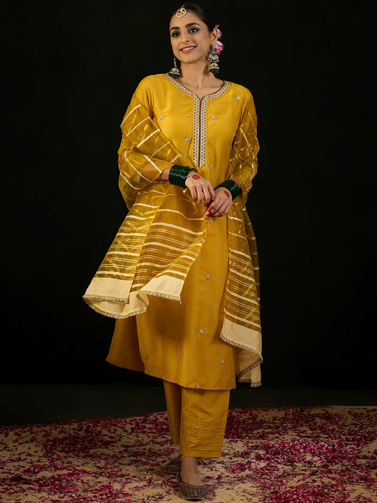 Indo Era Yellow Embroidered Straight Kurta Trousers With Dupatta Set