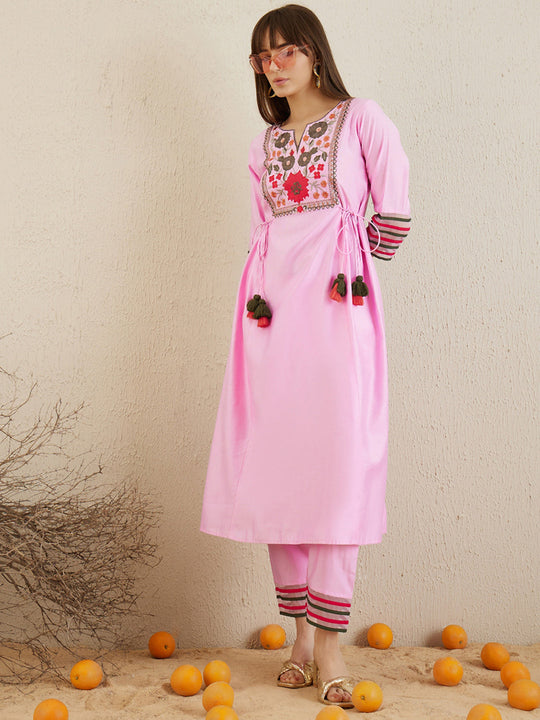 Indo Era Lavender Embroidered A-Line Kurta Trousers  Set