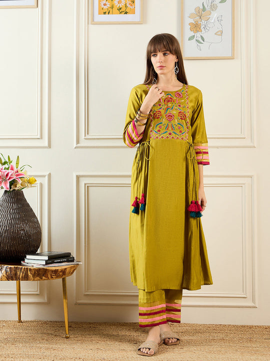 Indo Era Olive Embroidered A-Line Kurta Trousers set