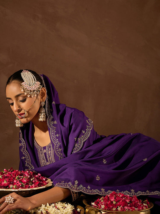 Indo Era Purple Embroidered Straight Kurta Trousers With Dupatta Set