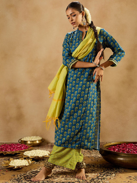 Indo Era Blue Printed Straight Kurta Palazzo With Dupatta Set