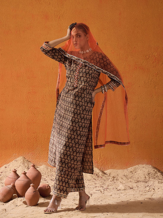 Indo Era Brown Printed Straight Kurta Palazzos With Dupatta Set