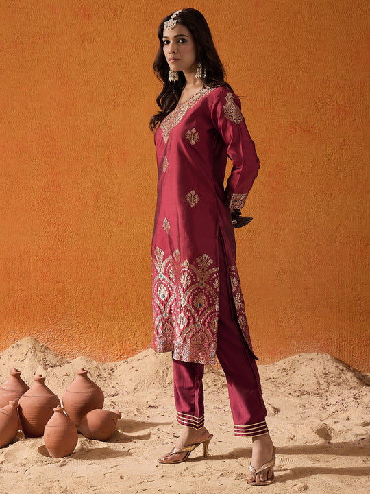 Indo Era Maroon Woven Design Straight Kurta Palazzos Set