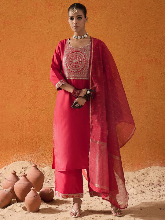 Indo Era Maroon Yoke Design Straight Kurta Palazzos With Dupatta Set