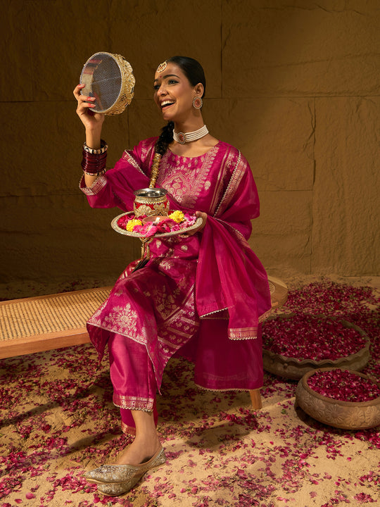 Indo Era Pink Woven Design Straight Kurta Trousers With Dupatta Set