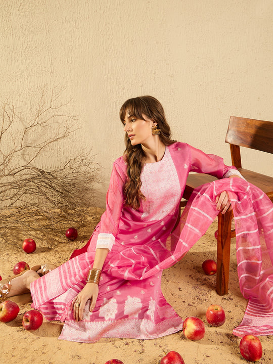 Indo Era Pink Woven Design Straight Kurta Trousers With Dupatta Set