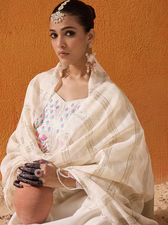 Indo Era White Yoke Design Straight Kurta Trousers With Dupatta set