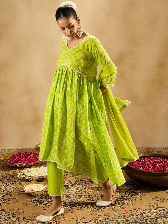 Indo Era Green Printed A-Line Kurta Trousers With Dupatta set