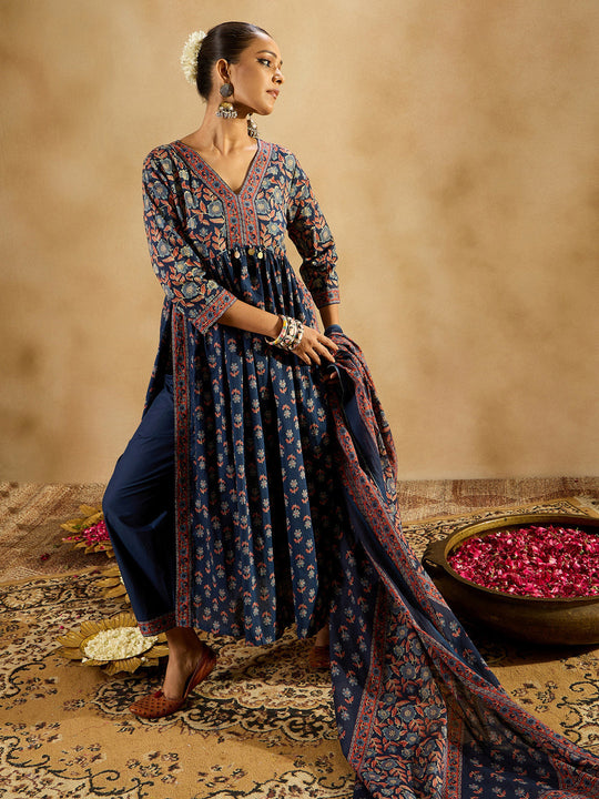 Indo Era Blue Printed A-Line Kurta Trousers With Dupatta set