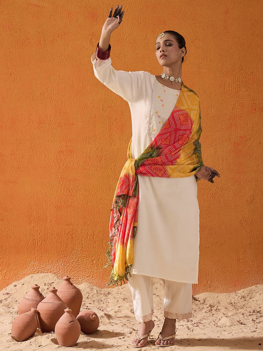 Indo Era White Yoke Design Straight Kurta Trousers With Dupatta set