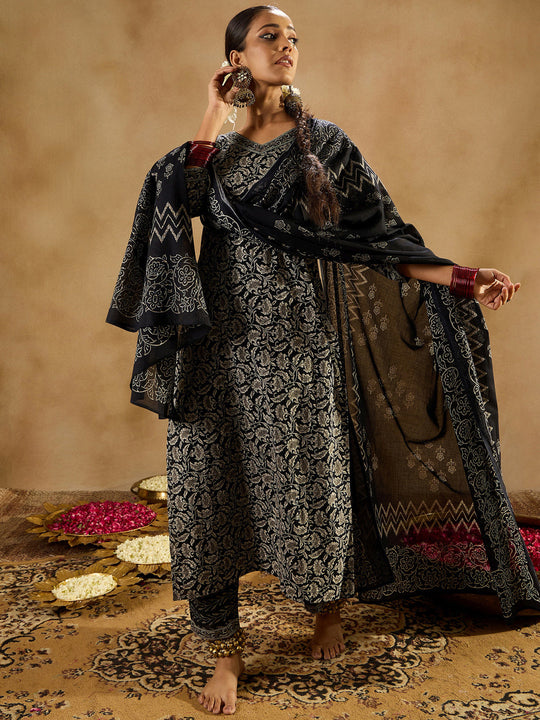 Black Printed Straight Kurta Trousers With Dupatta
