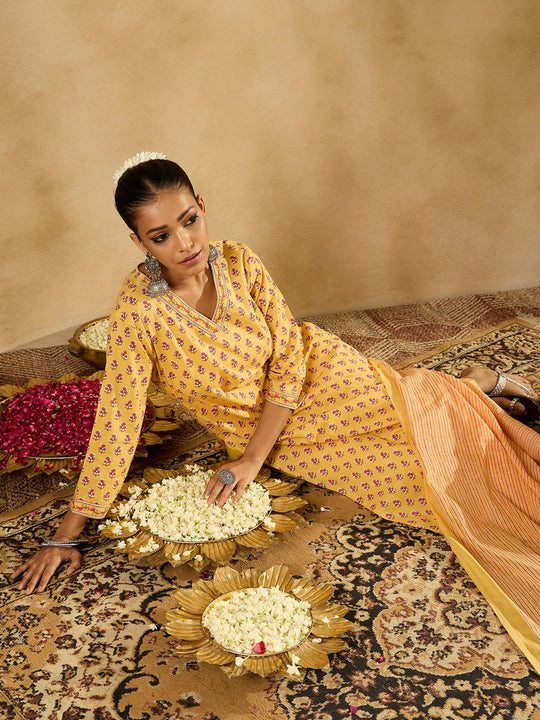 Indo Era Yellow Printed Straight Kurta Trousers With Dupatta set