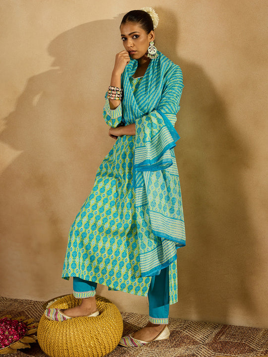 Indo Era Green Printed Straight Kurta Trousers With Dupatta set