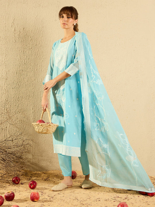 Indo Era Blue Woven Design Straight Kurta Trousers set