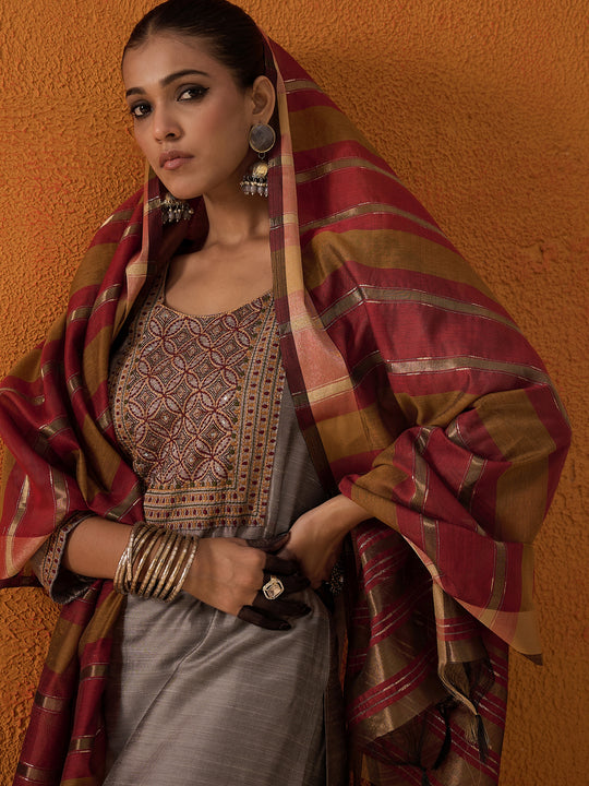 Indo Era Grey Embroidered Straight Kurta Trousers With Dupatta  Set