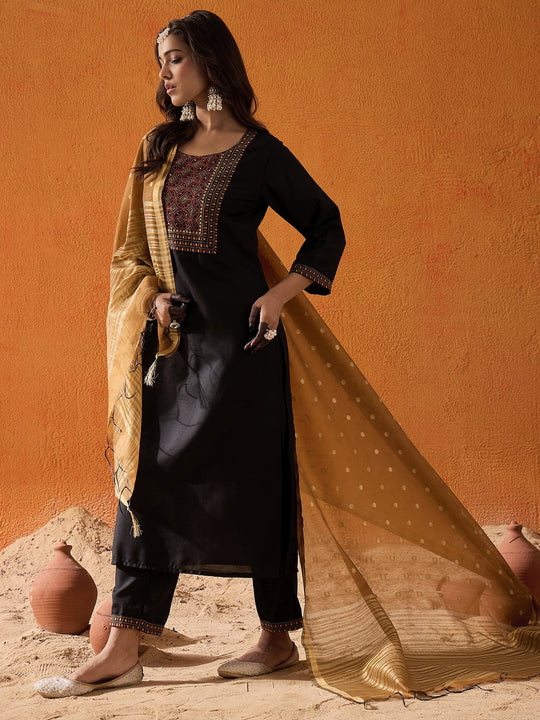 Indo Era Black Embroidered Straight Kurta Trousers With Dupatta  Set