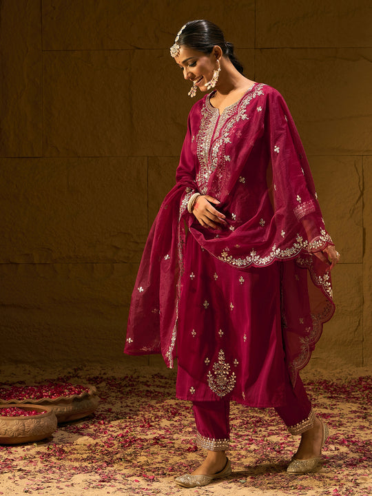 Indo Era Maroon Embroidered Straight Kurta Trousers With Dupatta set