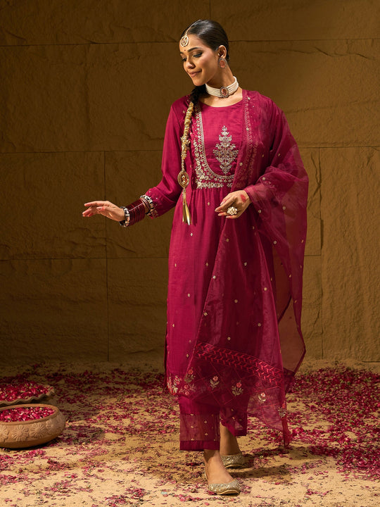 Indo Era Maroon Embroidered Straight Kurta Trousers With Dupatta set