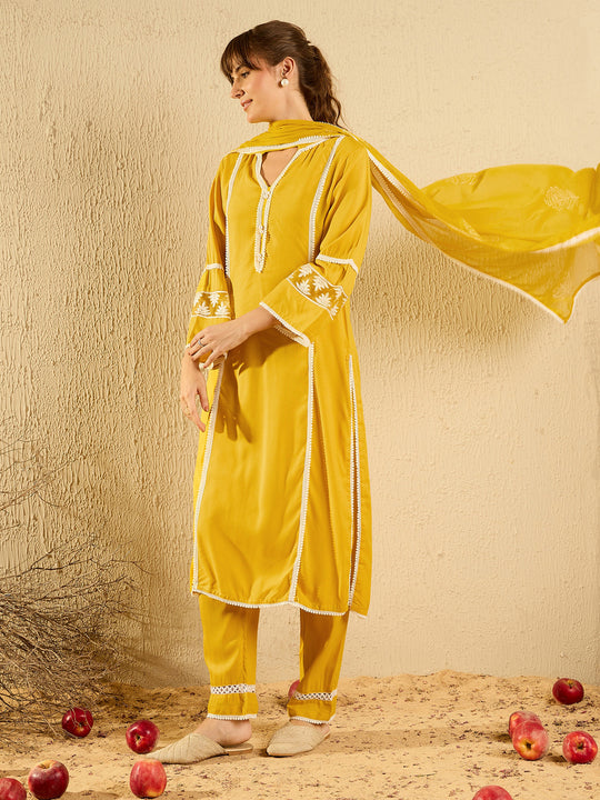 Indo Era Yellow Embroidered Straight Kurta Trousers With Dupatta set