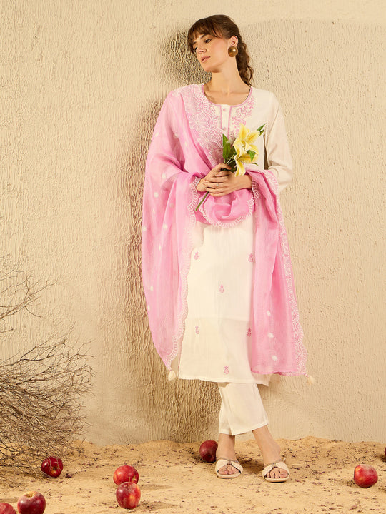 Indo Era White Embroidered Straight Kurta Trousers With Dupatta set