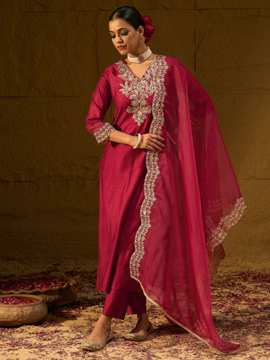 Red Embroidered Straight Kurta Trousers With Dupatta