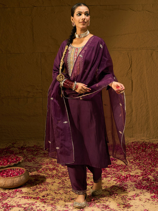 Indo Era Burgundy Embroidered Straight Kurta Trousers With Dupatta set