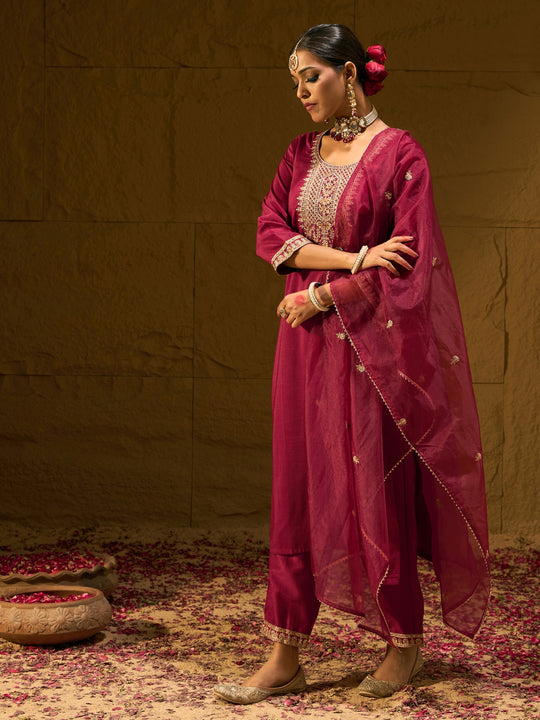 Indo Era Maroon Embroidered Straight Kurta Trousers With Dupatta set