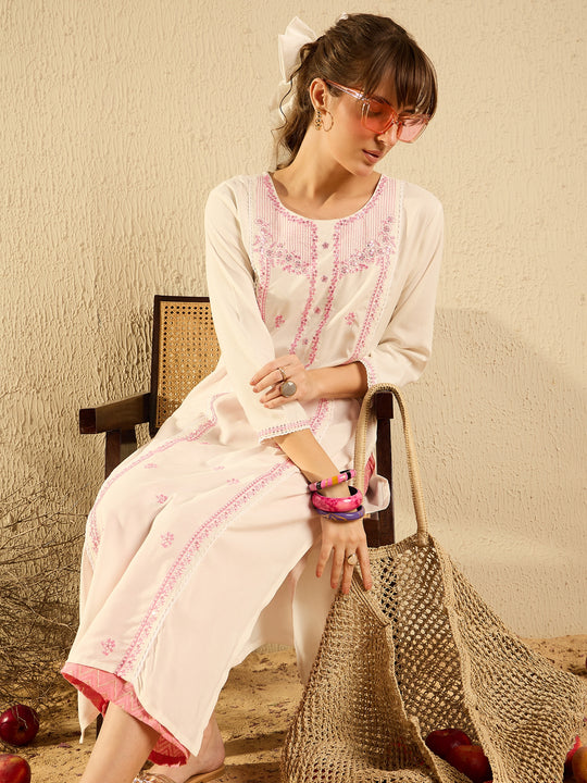 White Embroidered Straight Kurtas