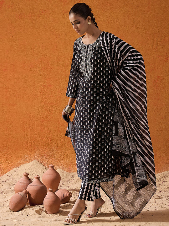 Indo Era Black Printed Straight Kurta Trousers With Dupatta set
