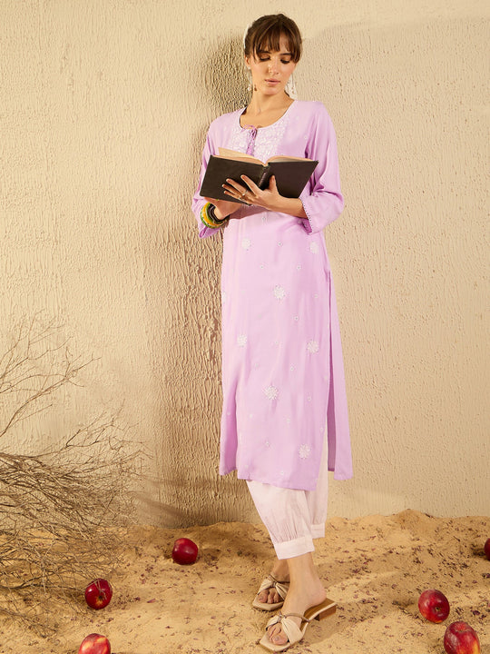 Indo Era Purple Embroidered Straight Kurtas