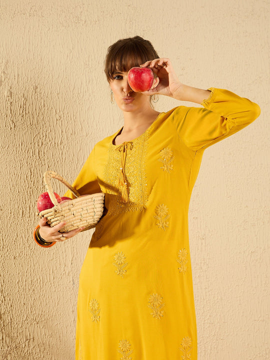 Indo Era Mustard Embroidered Straight Kurtas