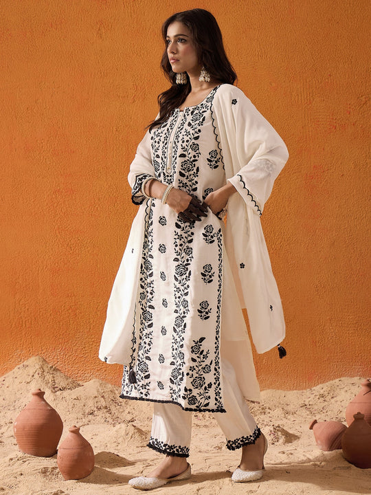 Indo Era White Embroidered Straight Kurta Trousers With Dupatta  Set