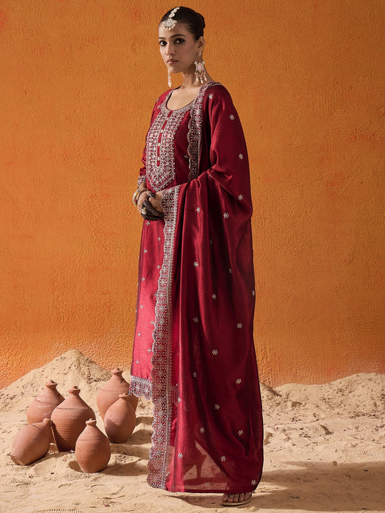 Indo Era Maroon Embroidered Straight Kurta Trousers With Dupatta set