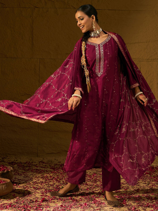 Indo Era Maroon Embroidered Straight Kurta Trousers With Dupatta set