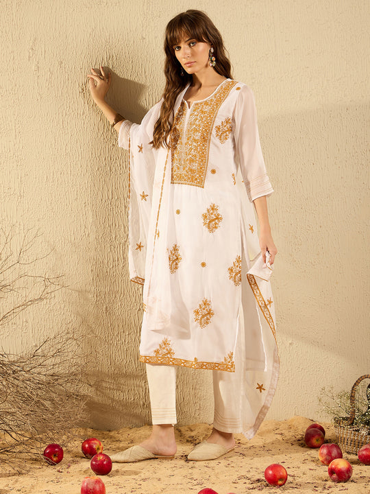 Indo Era White Embroidered Straight Kurta Trousers With Dupatta set
