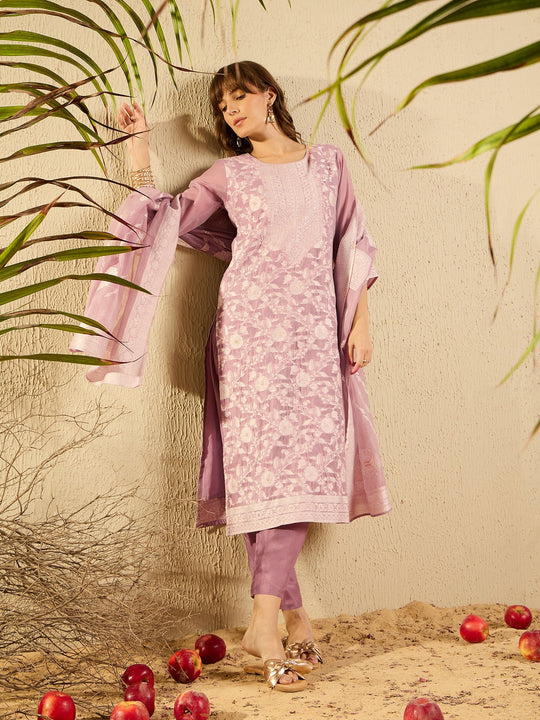 Indo Era Mauve Woven Design Straight Kurta Trousers set