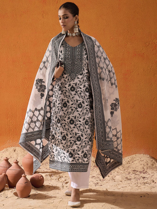 Indo Era White Woven Design Straight Kurta Trousers set