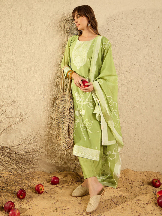 Indo Era Green Woven Design Straight Kurta Trousers set
