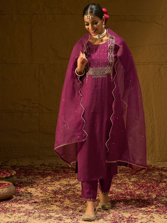 Indo Era Burgundy Embroidered Straight Kurta Trousers With Dupatta  Set