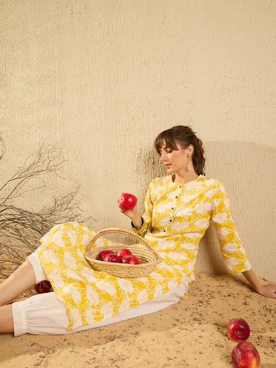 Indo Era Yellow Printed Straight Kurtas