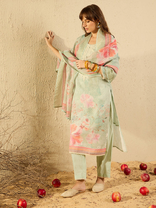 Indo Era Sea Green Printed Straight Kurta Trousers With Dupatta  Set