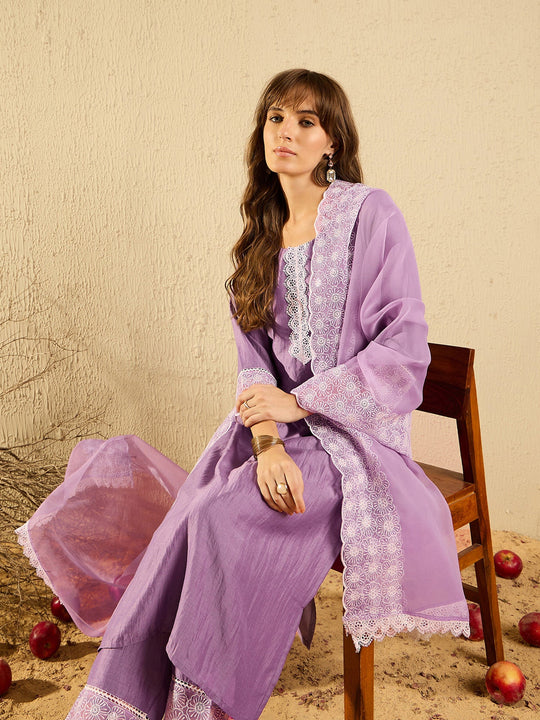 Indo Era Lavender Embroidered  Straight Kurta Trousers With Dupatta set