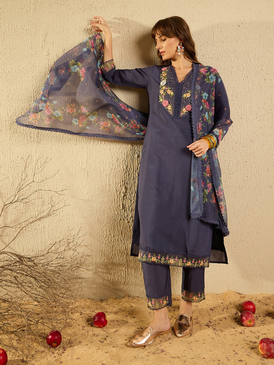 Indo Era Grey Embroidered Straight Kurta Trousers With Dupatta set