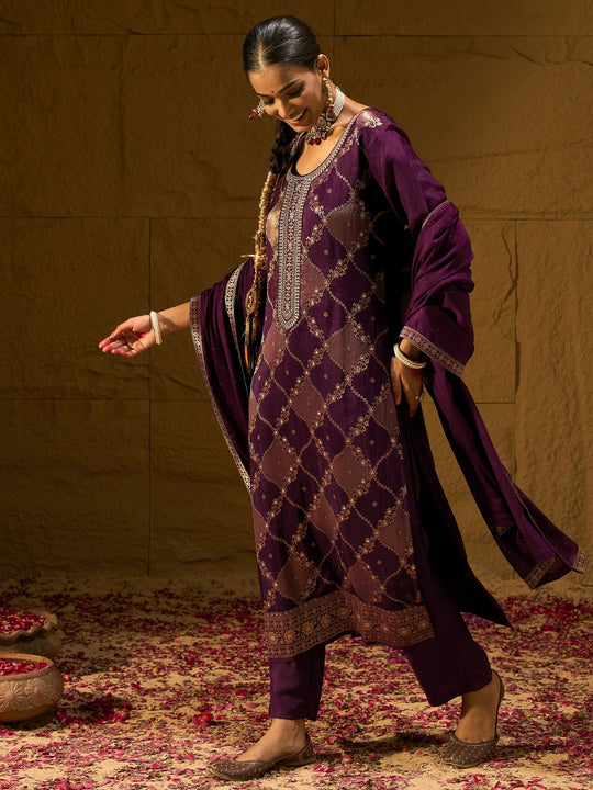 Indo Era Burgundy Embroidered Straight Kurta Trousers With Dupatta set