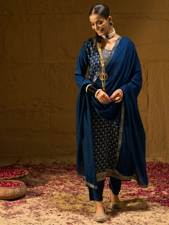 Indo Era Blue Embroidered Straight Kurta Trousers With Dupatta set